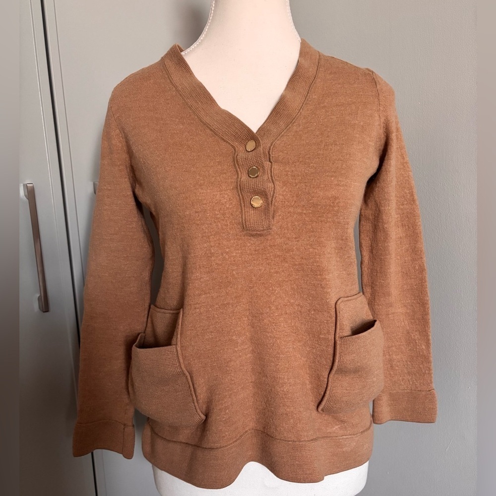 Tory Burch Tan V-Neck Sweater 100% Merino Wool